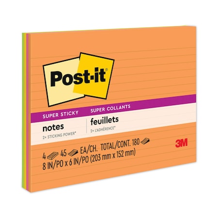 POST-IT Pad, 8"X6", S-Sitky, Lined, 4/Ast, PK4 6845-SSPL